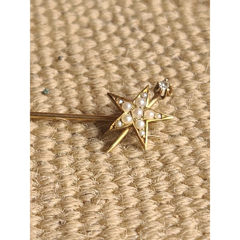 Antique Victorian 14K Gold Pearl & Diamond Starburst Stick Pin – Celestial Star - Picture 2 of 9